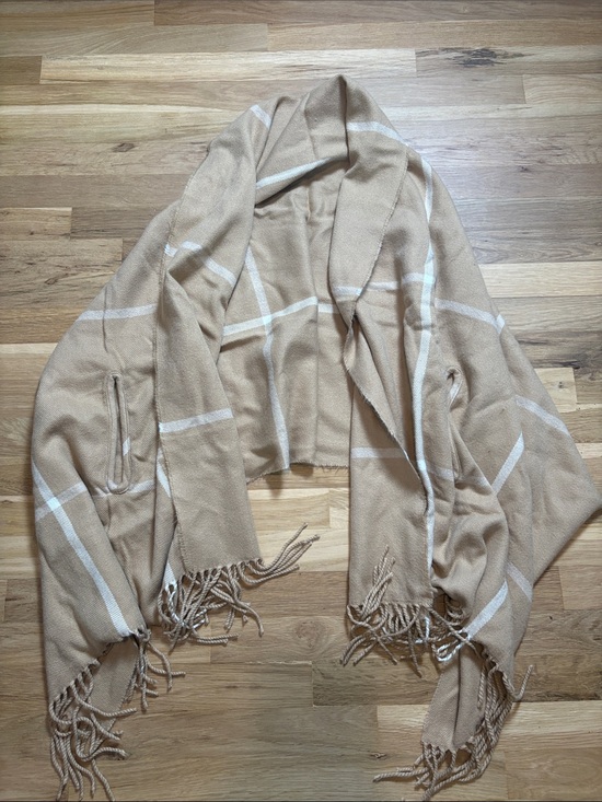 Jackets & Blazers - Beige Plaid Fringe Draped Open Cardigan Cape Poncho with Armholes OS